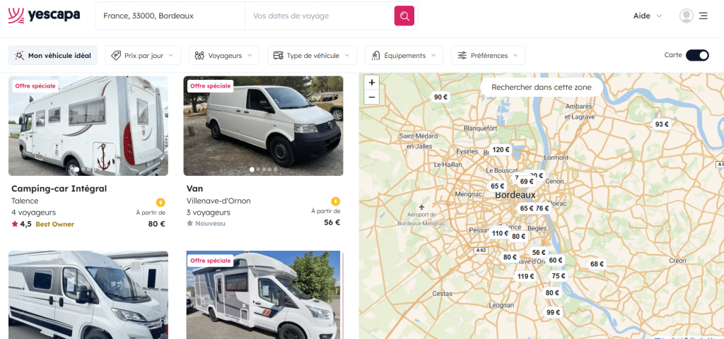 Copie d'écran site de location de van et camping-car entre particuliers à Bordeaux