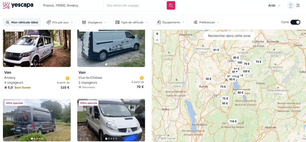 Copie d'écran site de location de van et camping-car entre particuliers à Annecy