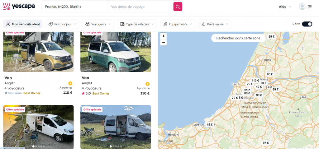 Copie d'écran site de location de van et camping-car entre particuliers à Biarritz