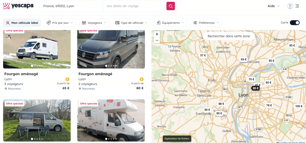 Copie d'écran site de location de van et camping-car entre particuliers à Lyon