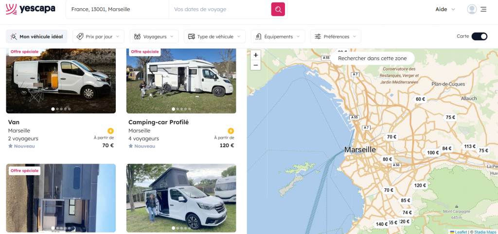 Copie d'écran site de location de van et camping-car entre particuliers à Marseille