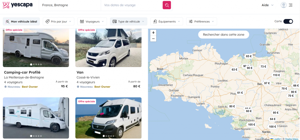 Copie d'écran site de location de van et camping-car entre particuliers en Bretagne