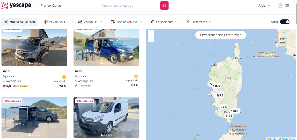 Copie d'écran site de location de van et camping-car entre particuliers en Corse
