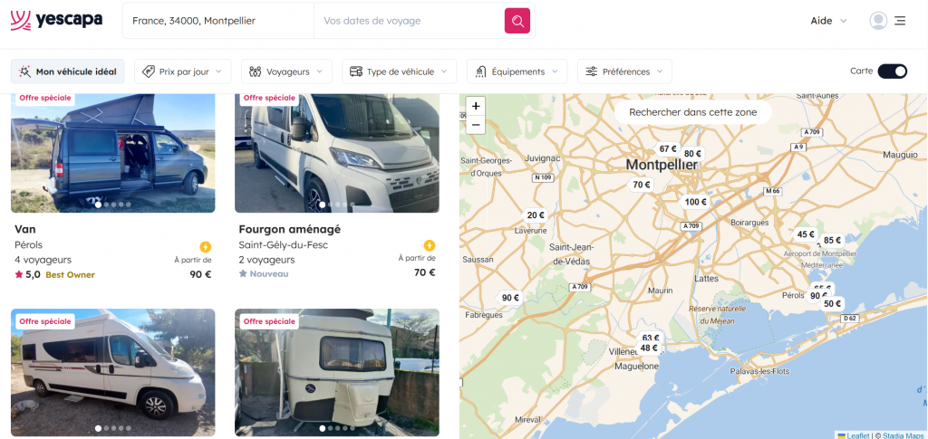 Copie d'écran site de location de van et camping-car entre particuliers à Montpellier