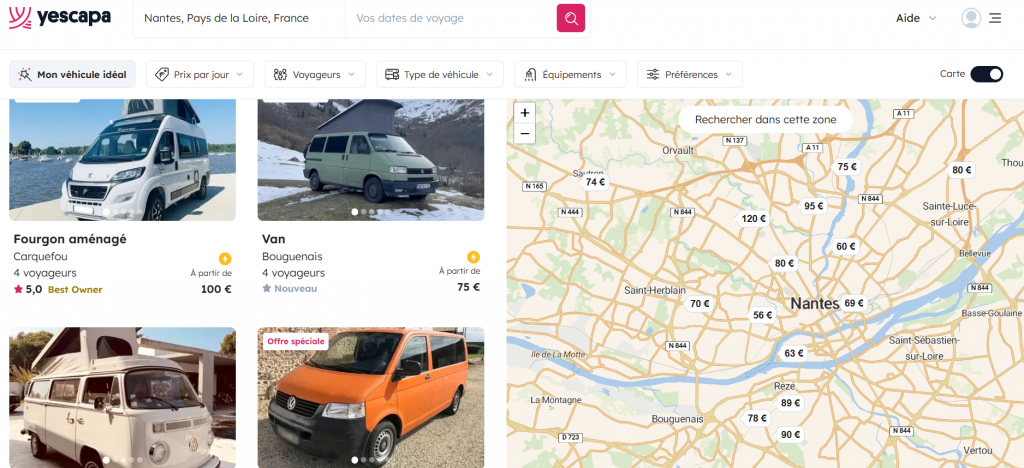 Copie d'écran site de location de van et camping-car entre particuliers à Nantes