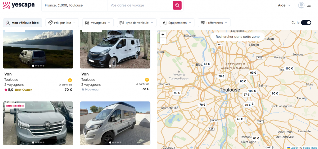 Copie d'écran site de location de van et camping-car entre particuliers à Toulouse