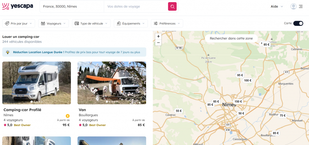 Copie d'écran site de location de van et camping-car entre particuliers à Nîmes